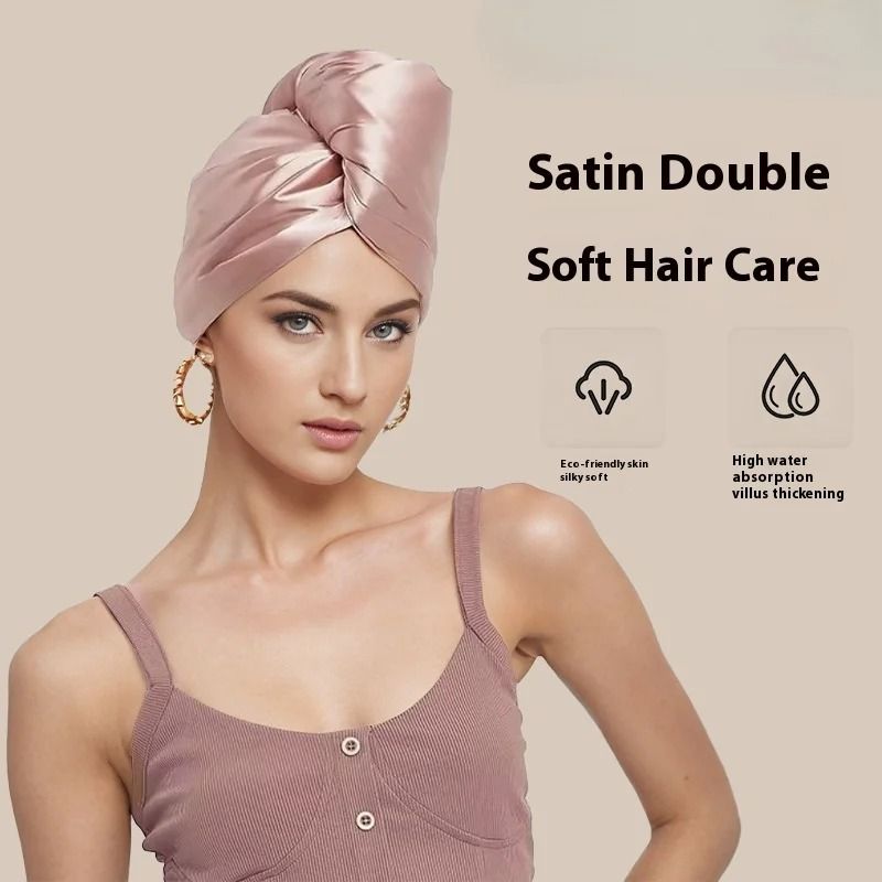 Luxury Thickened Satin Hair Drying Cap Towel Wrap Double Layer Coral Fleece Cap with Button for Fast Drying Hair Care