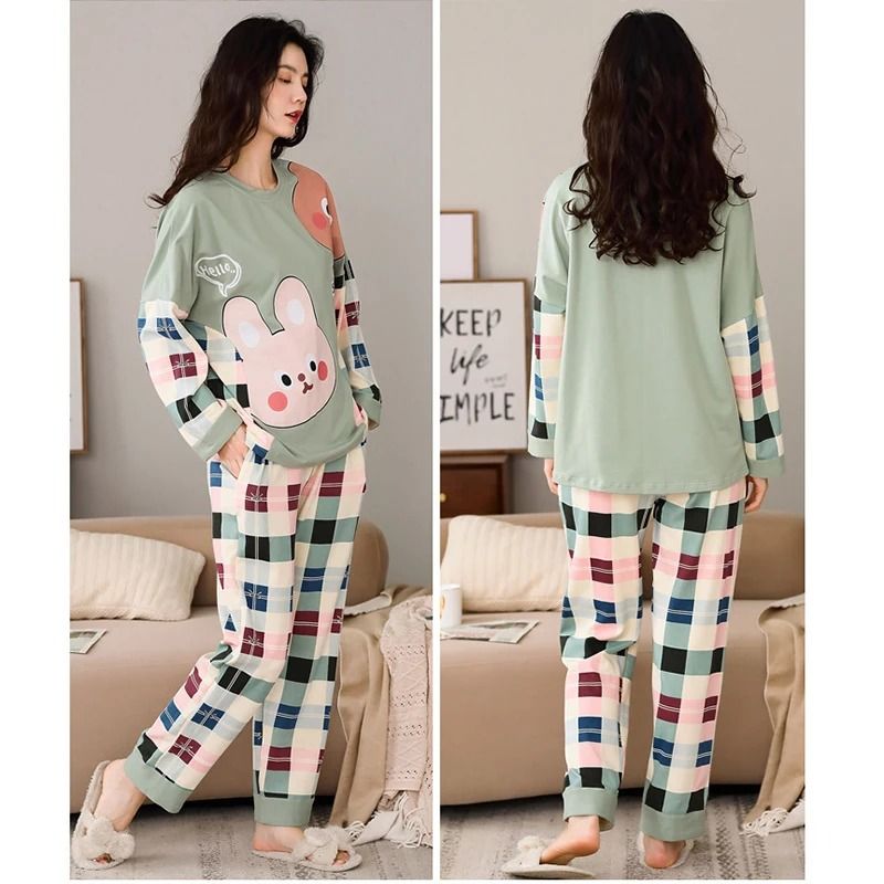 Fall Winter Womens Cartoon Pajama Set Long Sleeve Top and Pants Cozy Sleepwear Loungewear
