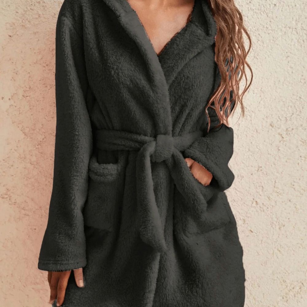 Womens Hooded Fleece Robe with Belt Cozy Autumn Winter Loungewear