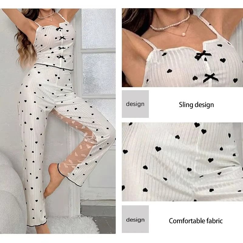 Womens Sheer Mesh Lace Two Piece Pajama Set With Ribbed Strap Top And Pants