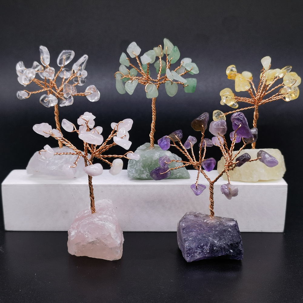 Natural Gemstone Crystal Money Lucky Tree, Feng Shui Raw Stone Base for Home, Office Desk & Living Room Decor