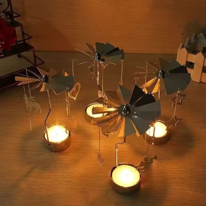 Rotating Metal Carousel Tea-Light Candle Holder - Festive Spinning Xmas Centerpiece
