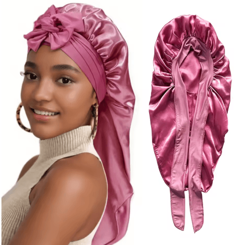 SilkEase Long Satin Bonnet & Elastic Headband Set for Overnight Hair Protection