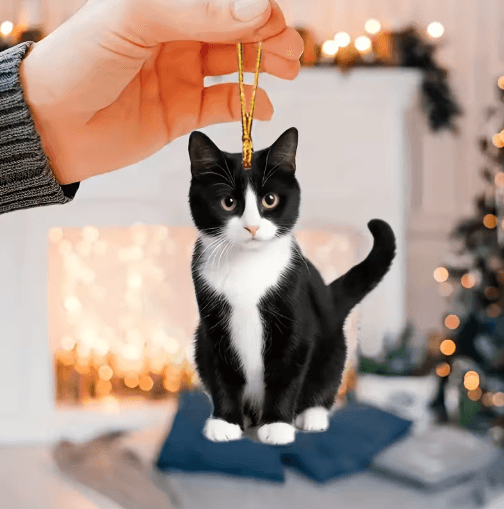 Black & White Cat Car Pendant – Cute Acrylic Plush Rearview Mirror Ornament