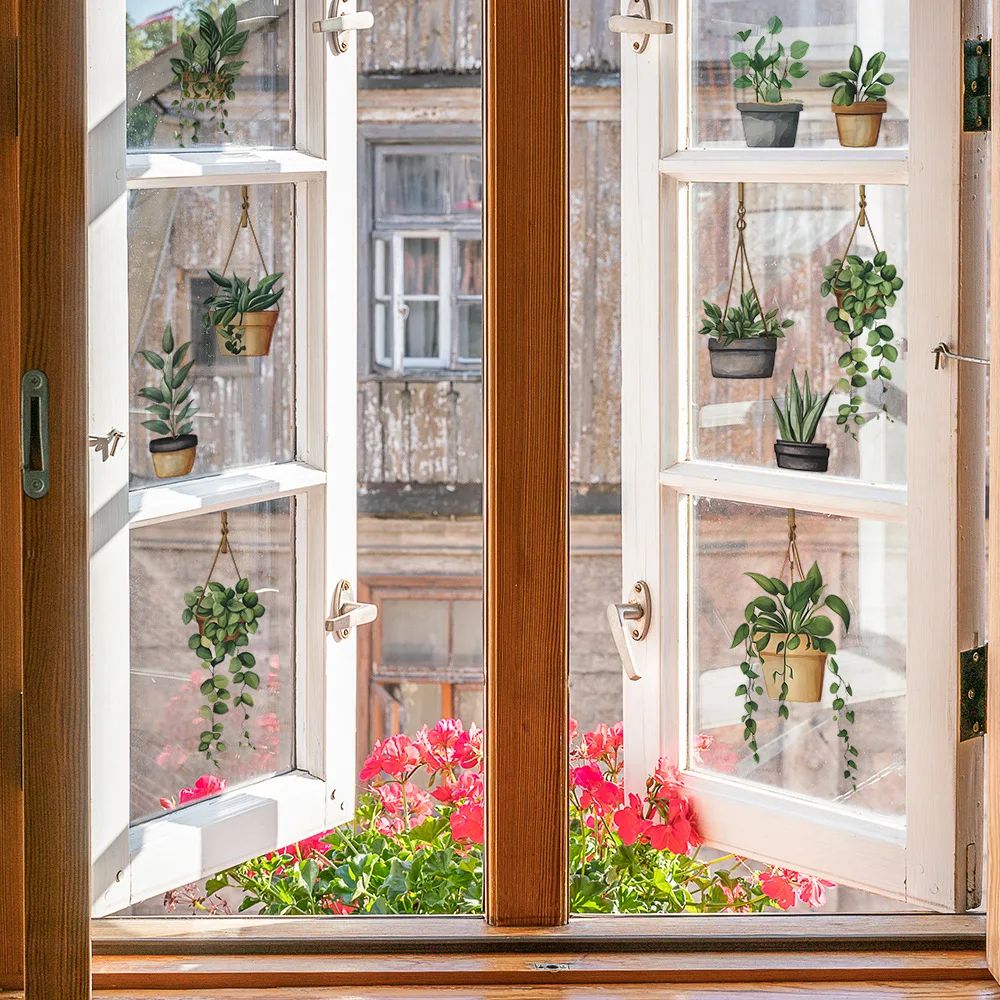 Hanging Potted Plant window clings set - Reusable removable window stickers for fresh, botanical decor