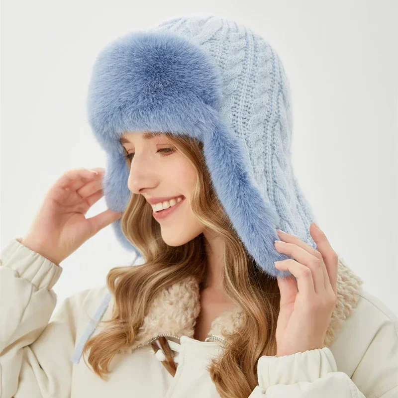 Womens Russian Caps Fur Winter Thickened Warm Knit Ushanka Earflap Pilot Hat Ski Snow Bomber Hat