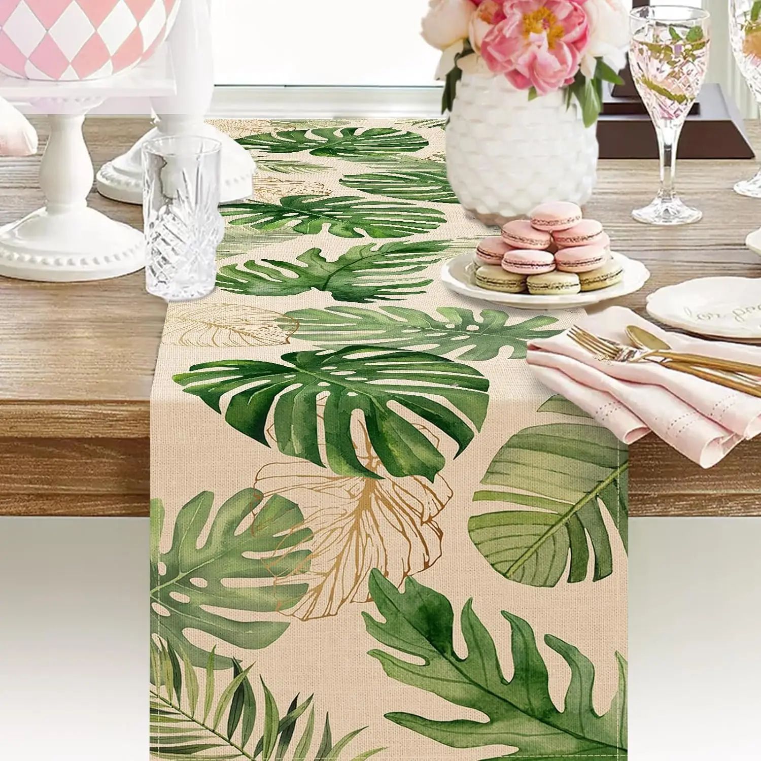 Tropical Palm Leaves Linen Table Runner