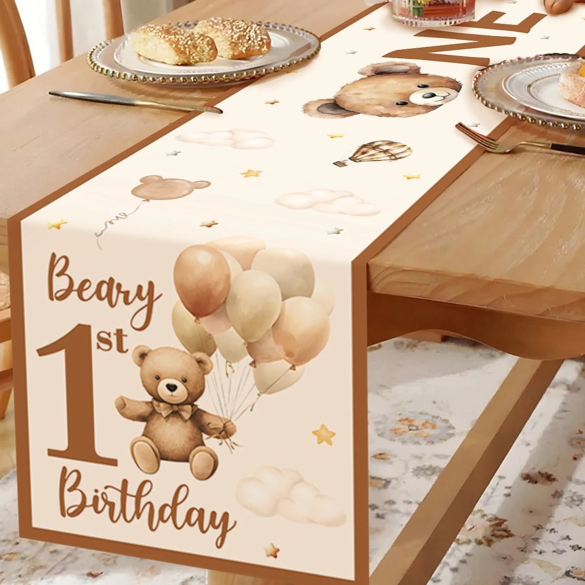 Teddy Bear Pattern 1st Birthday Table Runner