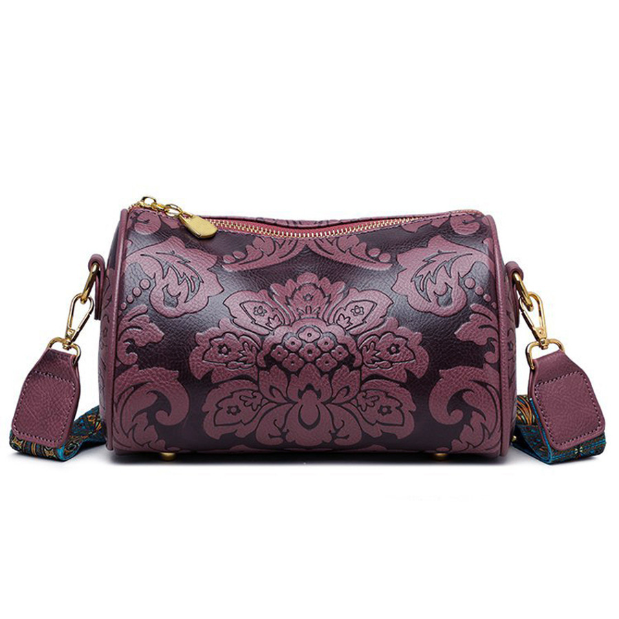 Fashionable Chinese Style Retro Womens Cylindrical Shoulder Crossbody Bag Embossed & Chic