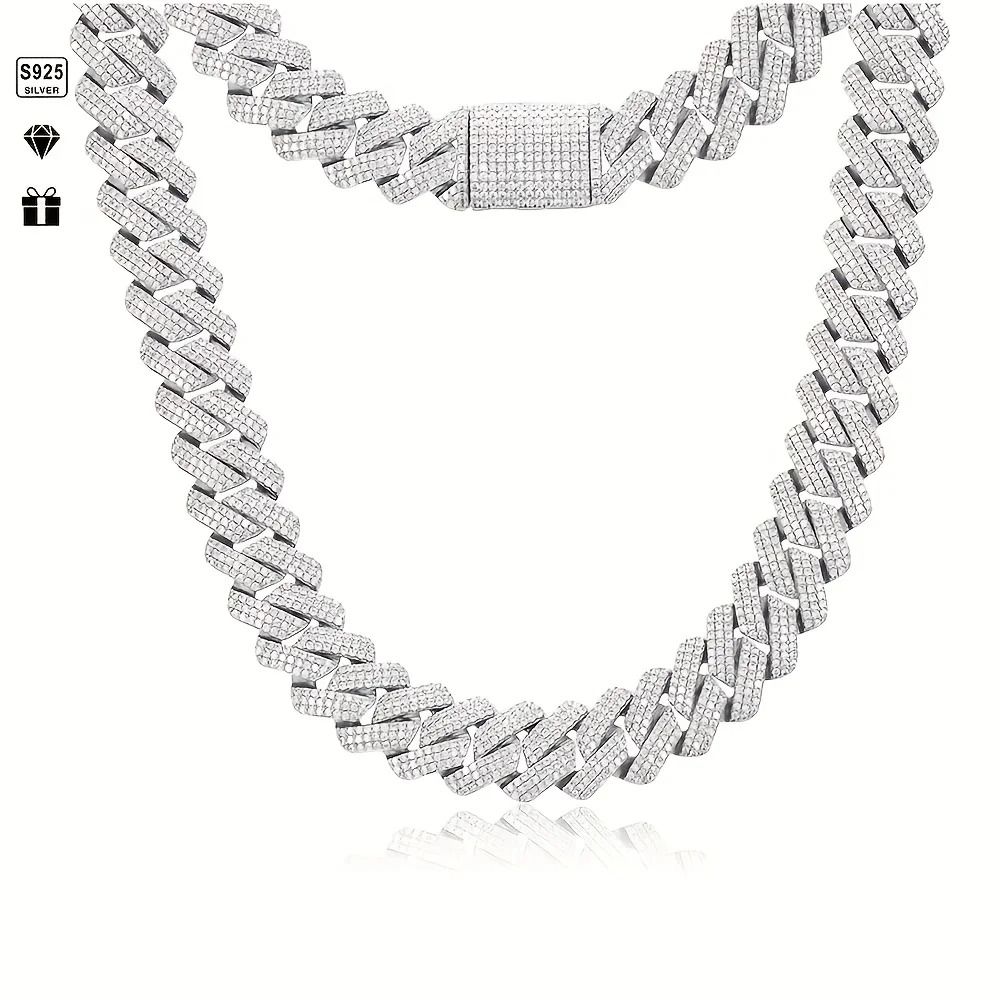 Moissanite Cuban Chain Necklace 14mm Wide Sterling Silver Mens Chain