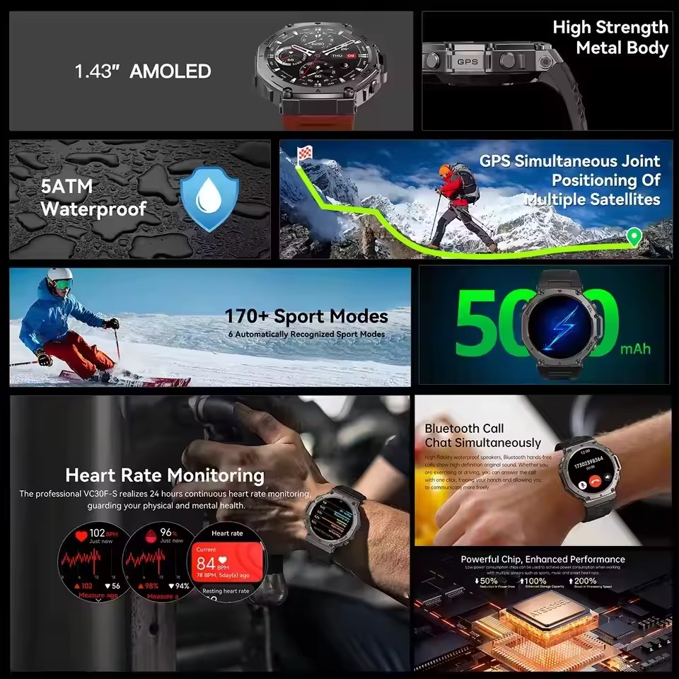 Military Smartwatch with Bluetooth & GPS, Waterproof Adventure Watch