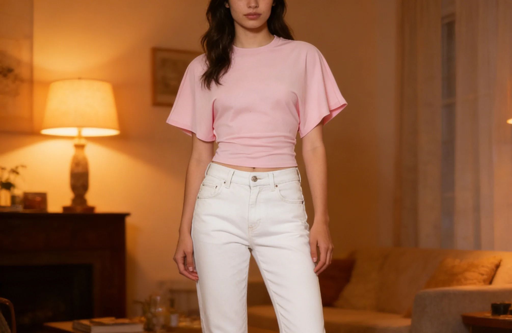 Premium Pure Cotton Crew Neck Pullover – Womens Loose-Fit Waist-Defining Cropped Top with Exposed Navel