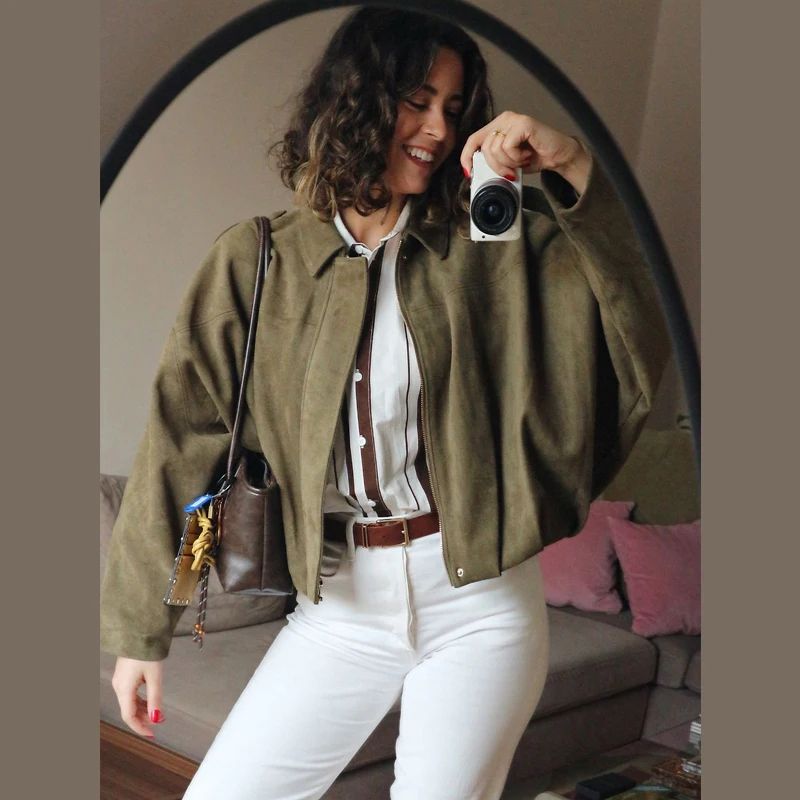 HXAO Cropped Suede Bomber Jacket Women Lapel Zipper Racing Coat