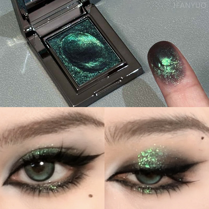 Fine Chameleon Dark Green Eyeshadow, Mashed Potato Sparkling Pearlescent Palette for Brightening Makeup