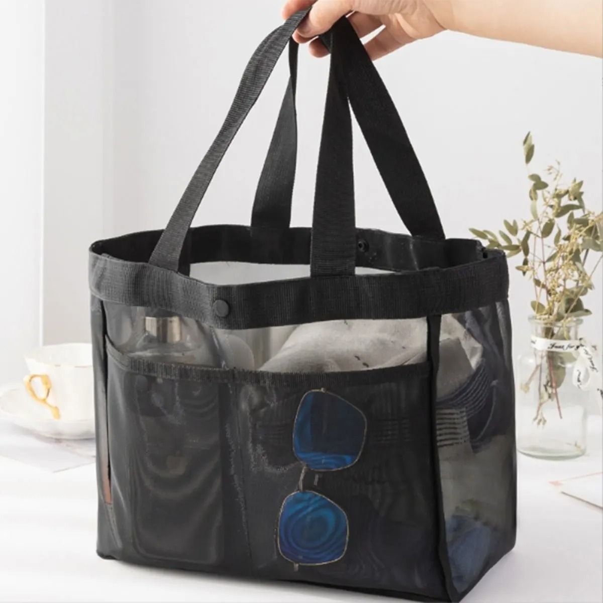Solid-Color Transparent Gauze Shoulder and Beach Bag