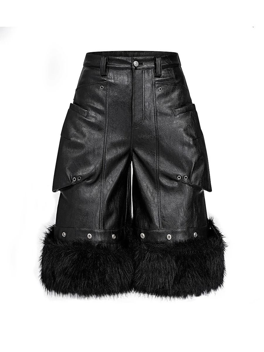 Mauroicardi Black Faux Fur Patchwork PU Leather Shorts for Men with 3D Pockets Luxury Emo Streetwear Style