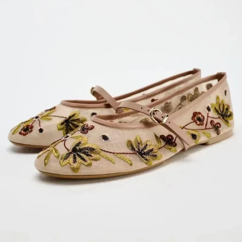 Luxury Designer Mesh Breathable Ballet Flats Women, Embroidered Flower Mary Jane Shoes, Lightweight Low Heel Summer