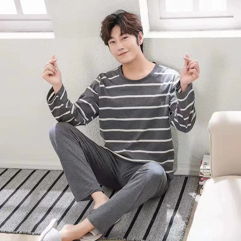 New Summer Men's Pyjamas, Black Plaid Trousers, Long-Sleeved Two-Piece Set, Large Size Youth Home Wear Suit