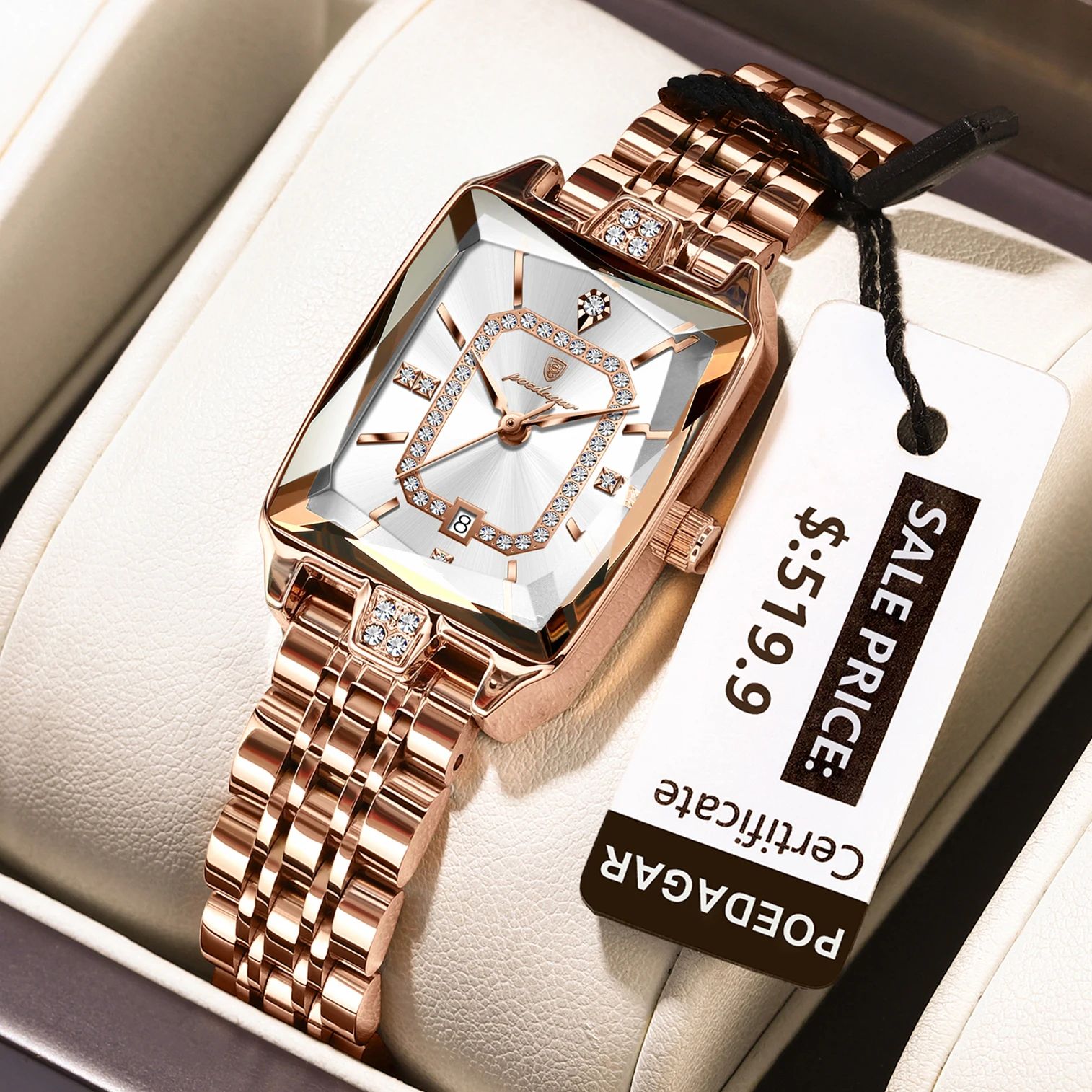 POEDAGAR Luxury Waterproof Rectangle Women's Quartz Watch with Calendar