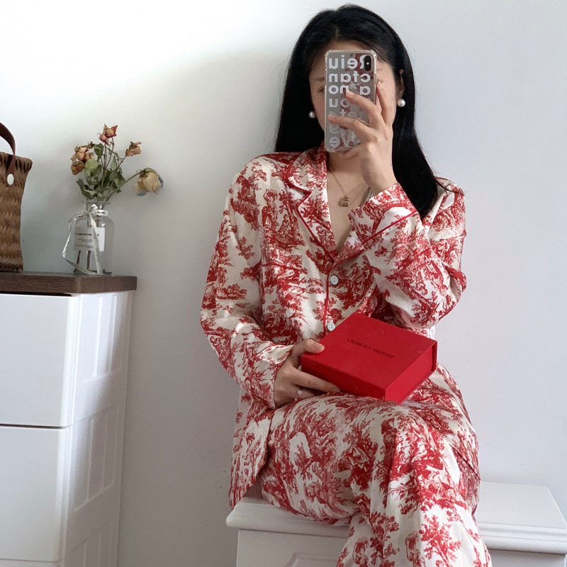 Women Sleepwear Spring Summer, Fashion Print Flower Pajamas Set, Trouser Suits Lounge Wear Loose Satin, Homewear Pijamas