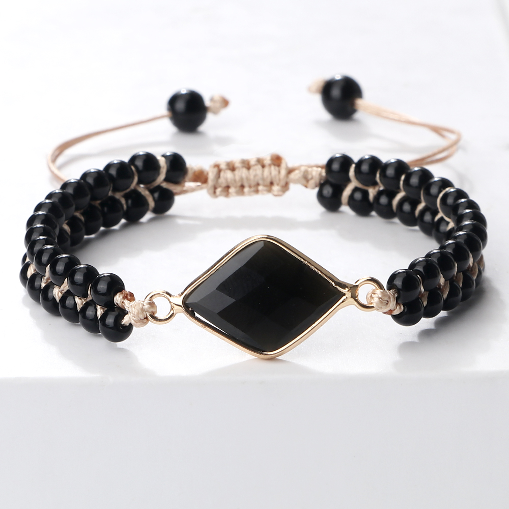 Black Onyx Braided Bracelet, Handmade Adjustable Obsidian Pendant, Women Wrist Bangle, Men Prayer Jewelry Gift