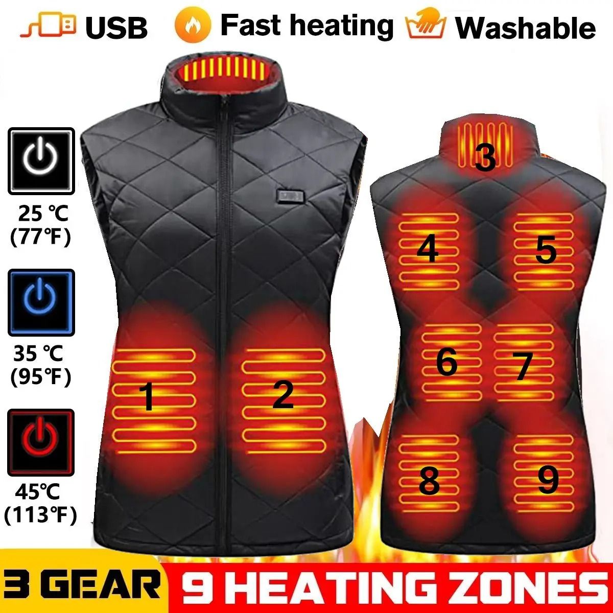 Womens Heated Winter Vest USB Infrared Thermal Jacket