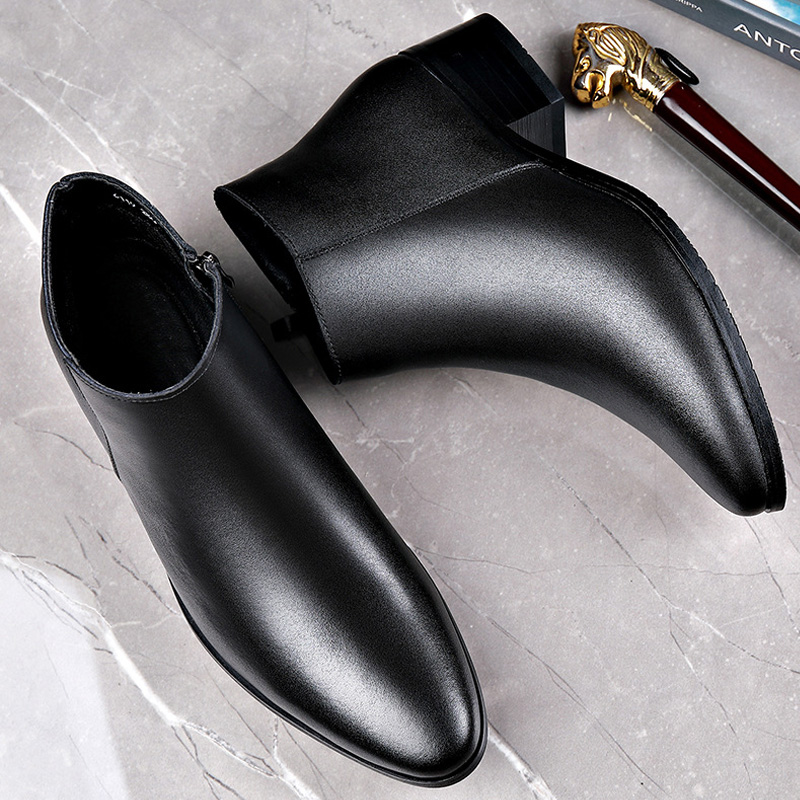 Men's British Business Leather Boots, Pointed Toes Chelsea Boots, Fashion Casual Shoes, High Heels and Fleece Design
