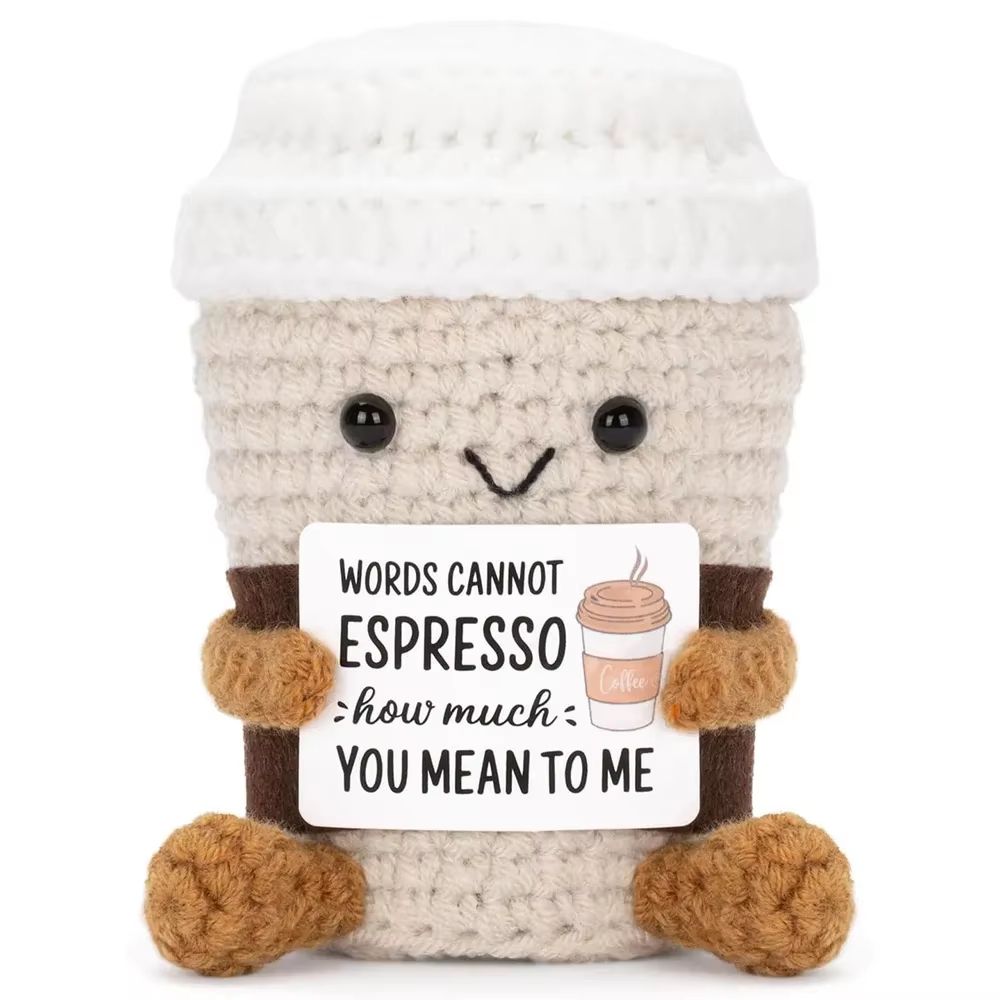 Funny Crochet Coffee Doll – Handmade Emotional Support Cup with Card, Cute Desktop Ornament & Cozy Gift
