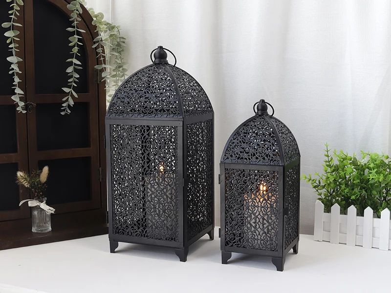 Black Metal Hanging Candle Lantern Set