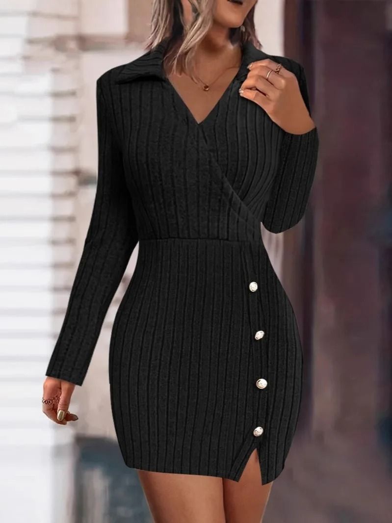 New Autumn and Winter Solid Color V-Neck Fitted Bodycon Long Sleeve Dress for Women