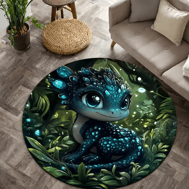 Cartoon Dragon Kids Round Rug – Soft Flannel Non-Slip Floor Mat for Playful Rooms