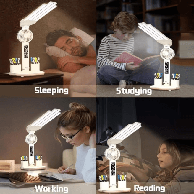 Multifunction LED Desk Lamp with Fan Clock and USB Charging Folding Table Light