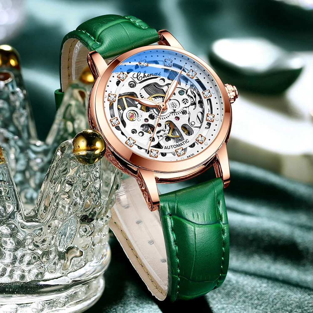 Luxury Women Automatic Mechanical Watch, Waterproof Stainless Steel, Ladies Skeleton Wrist Watch