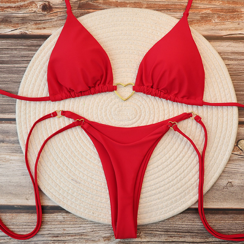 Halter Triangle Top, Two-Piece Swimsuit, Heart Bathing Suit, Thong Bottom for Summer Beach Swimwear