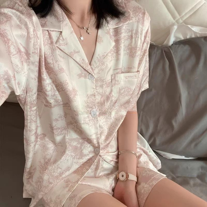 Women's Pink Cute Print Pajama Set, Soft Comfy Button Top and Shorts, Casual Loungewear Sleepwear Homewear Set