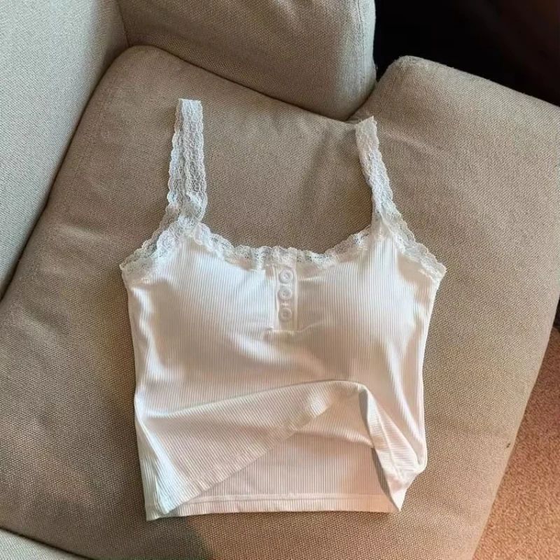 Sexy White Lace Knit Crop Tank Top with Built-In Chest Pad – Y2K Sleeveless Slim Fit Camisole