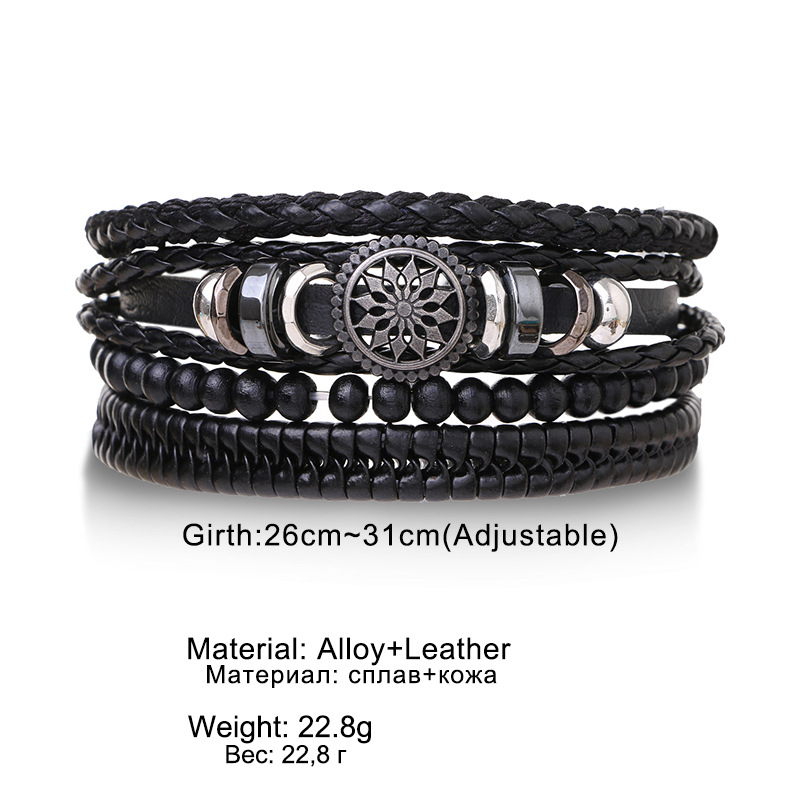 Braided Leather Bracelet, Men Vintage Rope Wristband, Life Tree Rudder Charm, Ethnic Tribal Wood Beads