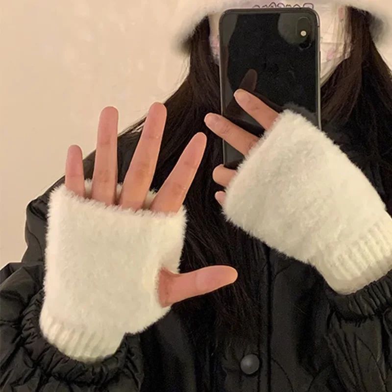 Soft Plush Fingerless Winter Gloves for Women