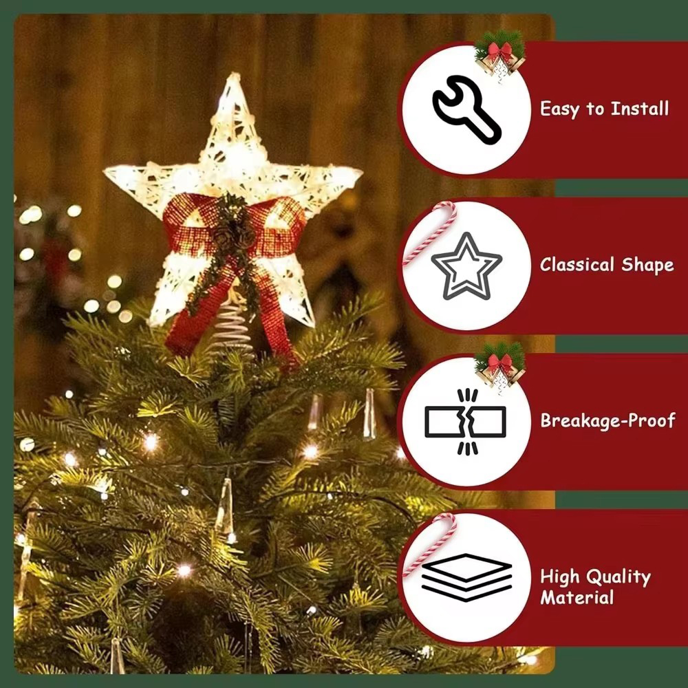 Hollow Snowflakes Iron Xmas Tree Ornament, 3D Glitter Star Christmas Tree Topper, Glowing Light Up Party Decoration