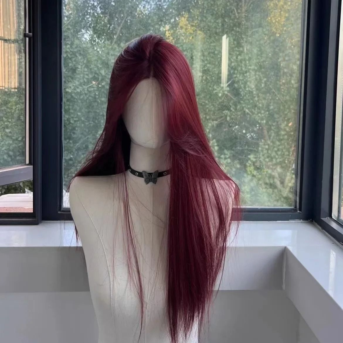 Black Synthetic Long Straight Wig Middle Part Natural Full Head Cover