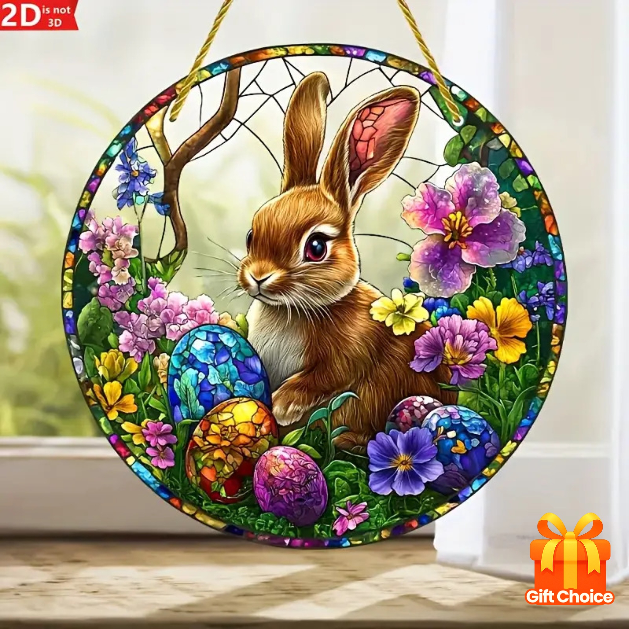 Acrylic Easter Bunny Window Hanging with Egg & Flowers, No Power Needed for Bedroom Decor