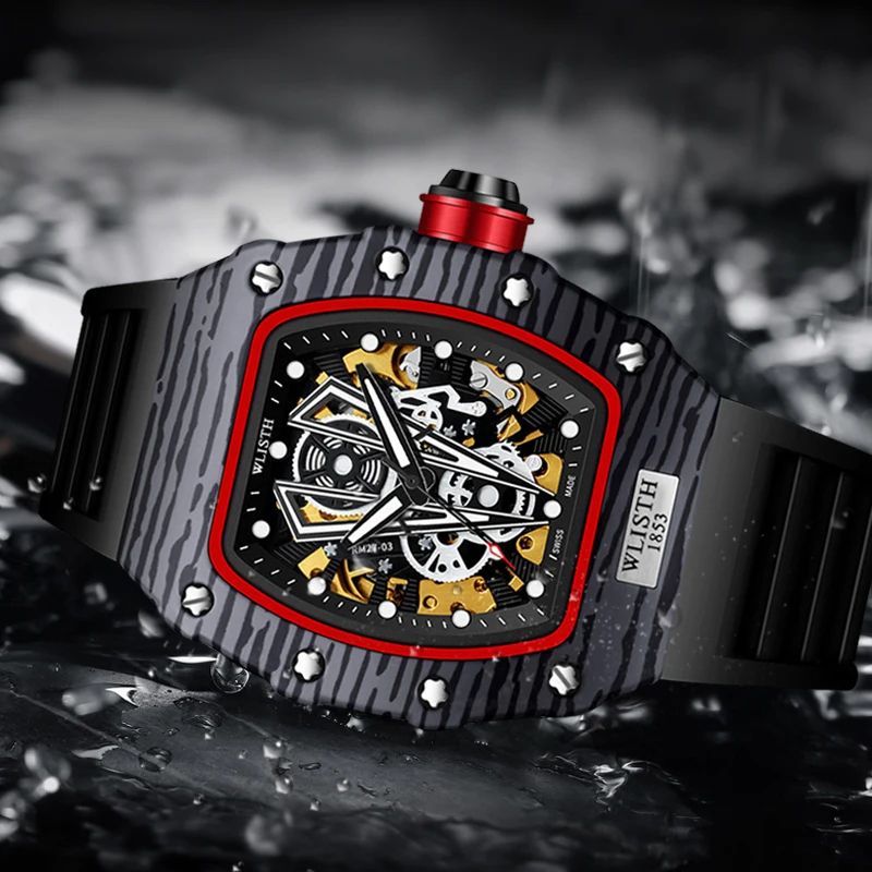 WLISTH Barrel Skeleton Automatic Men's Mechanical Watch with Luminous Dial