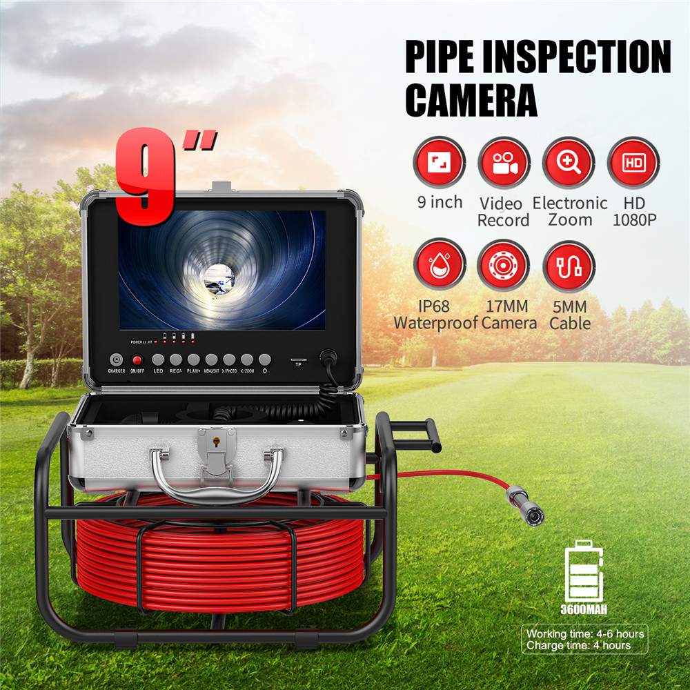 30M Pipe Inspection Camera with 9 DVR Monitor, IP68 Waterproof 17MM Borescope for Drain, Sewer, Pipeline Inspection