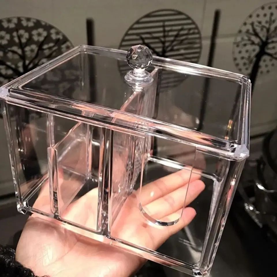 Transparent Acrylic Cotton Storage Box Dustproof Organizer for Cotton Swabs, Cosmetics & Desktop Dressing Table