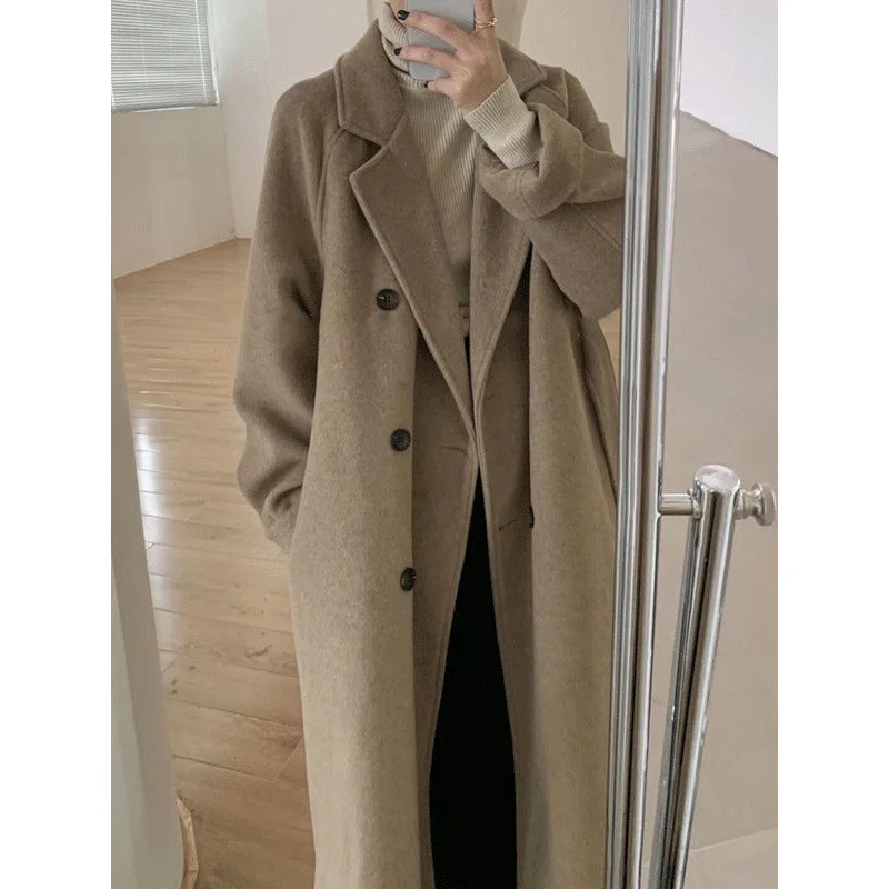 Women's Woolen Coat, Hepburn Style, Mid Length, Loose Fit, Thickened Autumn Winter Coat