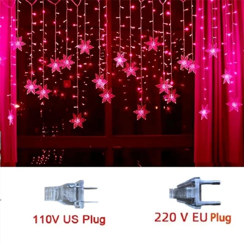 Christmas Snowflake LED Curtain String Lights – Flashing Holiday Fairy Garland