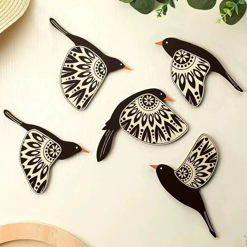 5pc Wooden Black Bird Wall Decor Vintage Gothic Raven Silhouettes for Home and Garden