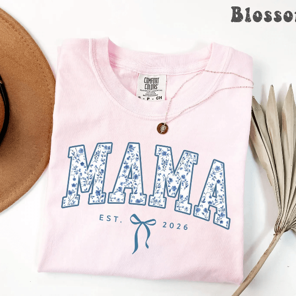 Personalized Mama Shirt Comfort Colors Blue Toile Floral Est Year Coquette Mom Tee Gift