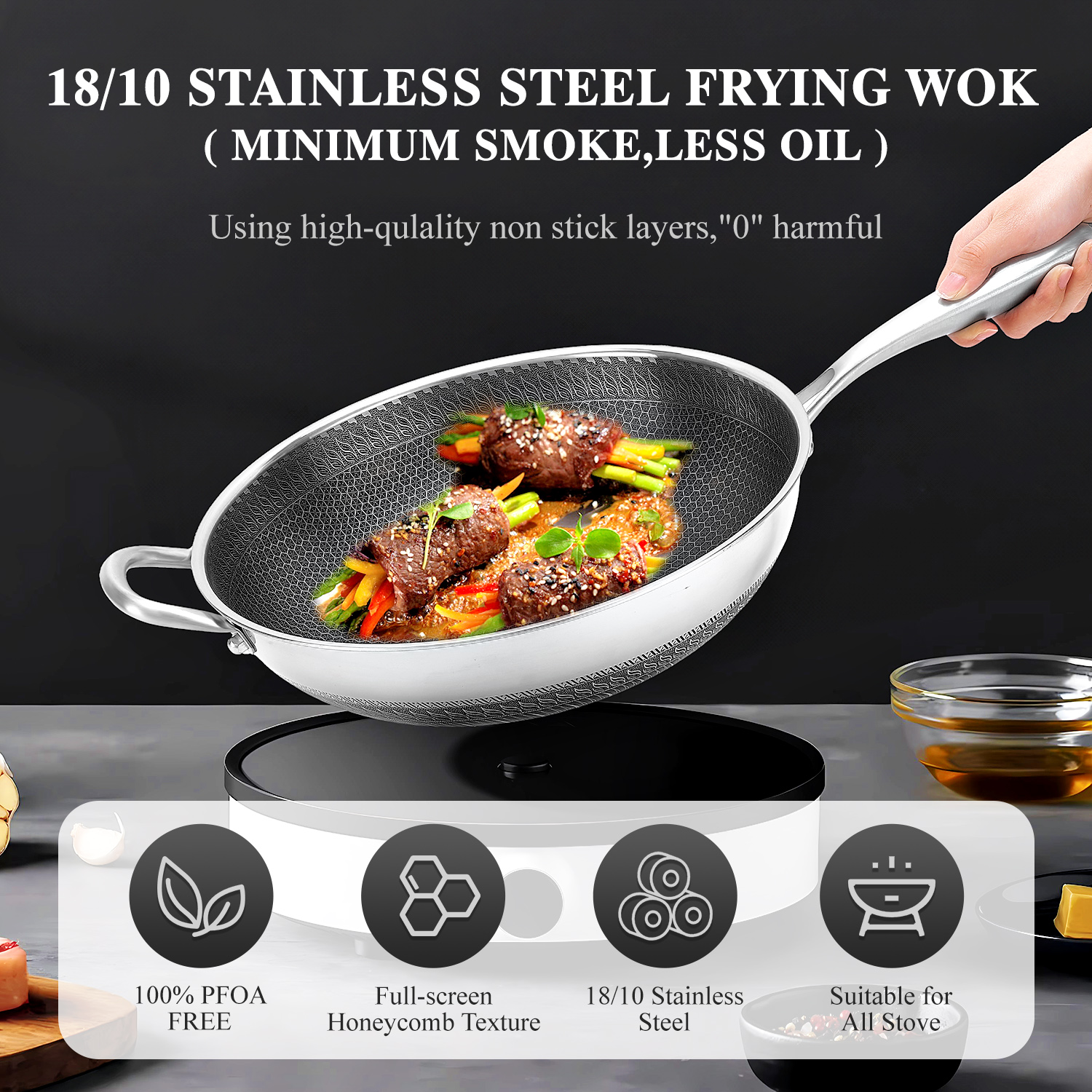 Hybrid Wok with Lid, PFOA Free Non Stick Wok Pan, Stainless Steel Stir Fry Pan for Cooking