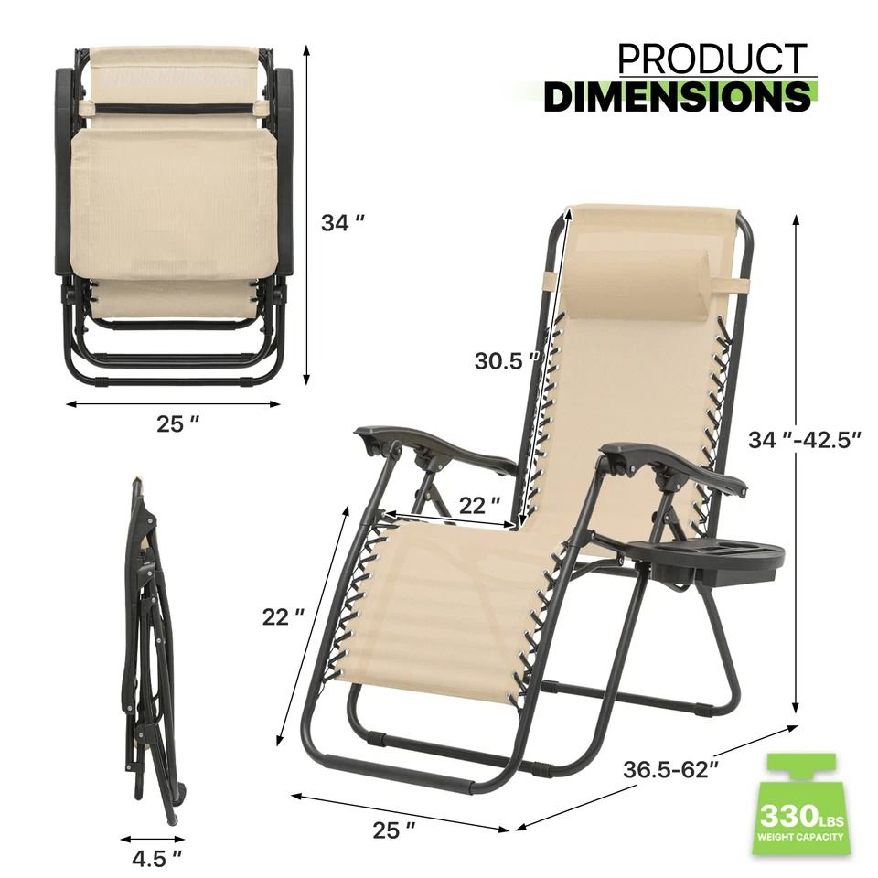Portable Folding Cream Zero Gravity Chair, Adjustable Beach Lounge Recliner with Convenient Holding Tray
